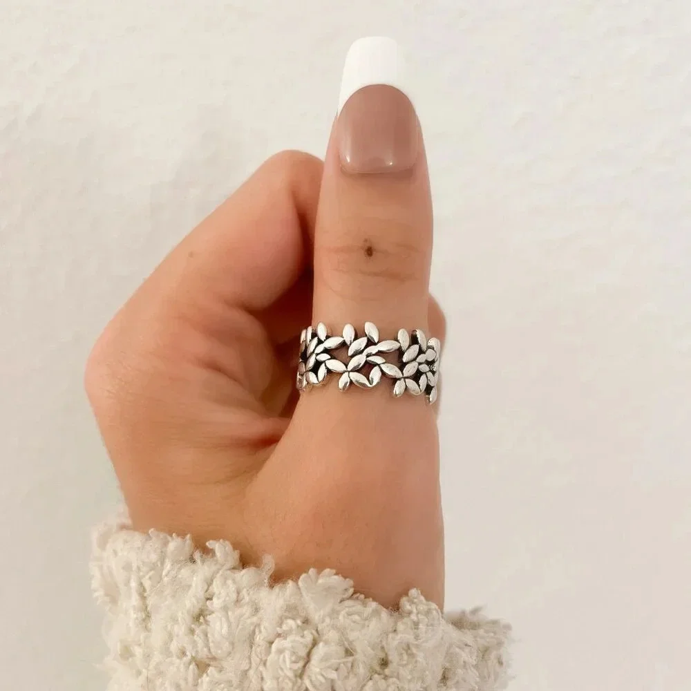 925 Sterling Silver Flower Ring Geometric Ring Leaf Ring Silver Chunky Ring